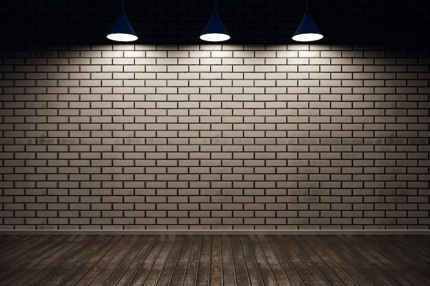 Illustrazione 3d di un nuovo muro di mattoni beige e di un pavimento in legno ricoperto di una vecchia vernice squallida, illuminato da tre lampadari