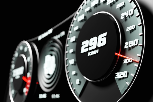3D illustration of the new car interior details Speedometer shows a maximum speed of 296 km h tachometer with bluered backlight Design and interior of a modern carxA xA