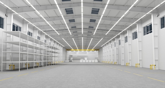 Photo 3d illustration. new empty warehouse or factory.