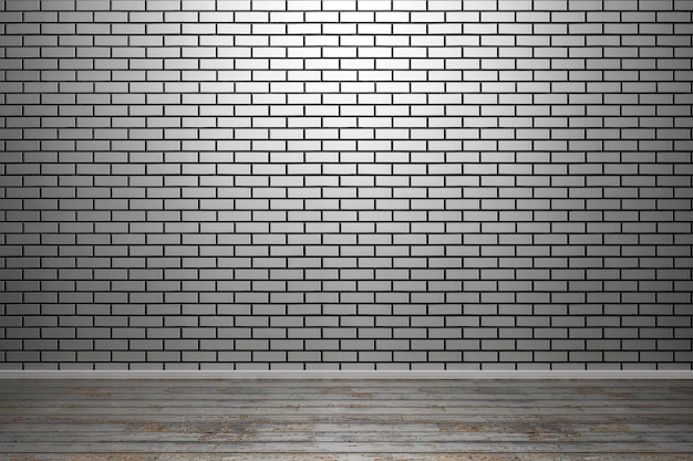 3d illustration of new gray brick wall and wooden floor covered with old shabby paint, grunge texture background