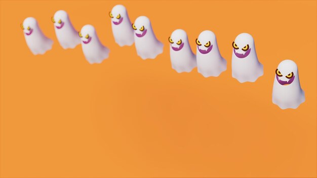 3d illustration of nine scary ghosts on orange stage festivity and fun theme