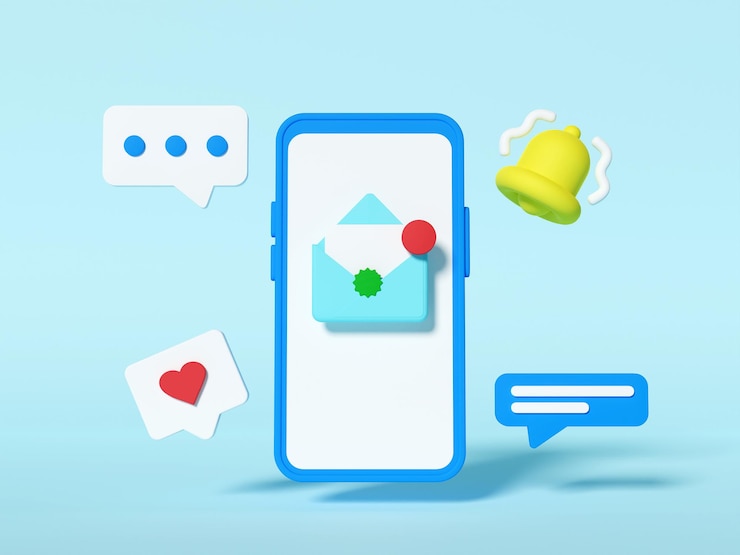 Photo 3d illustration of notification on floating smartphone with floating chat bubble icon, love icon, and doorbell icon