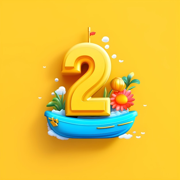 A 3d illustration of a number 2 with a yellow background.