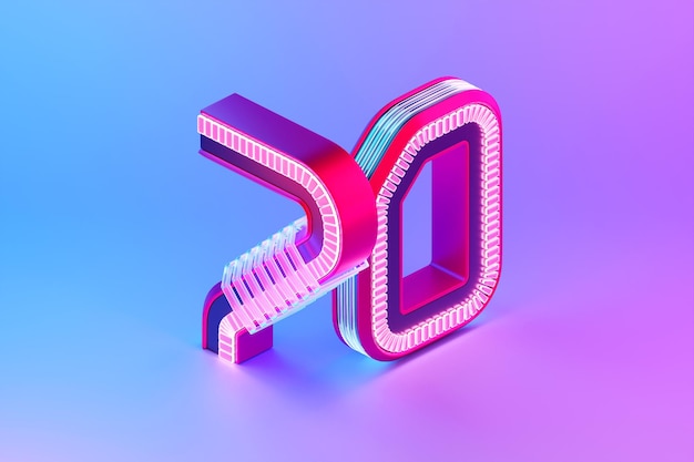 3D illustration Number 70 seventy over c neon lights on pink background Cartoon creative design icon