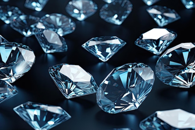 3D illustration of numerous sparkly diamonds on a shiny surface