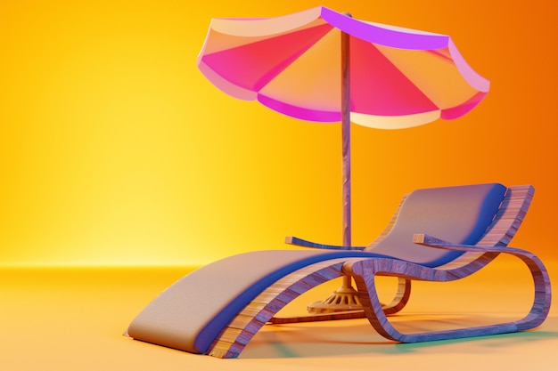 Фото Иллюстрация 3d шезлонга под полосатым зонтиком на пляже. летний фон