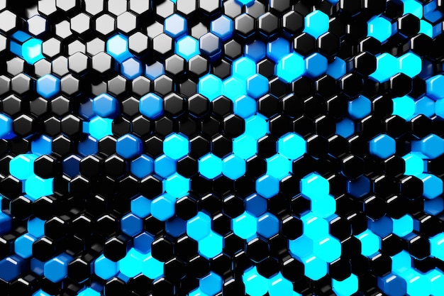 사진 꿀에 대한 파란색과 검은색 벌집 단색 벌집의 3d 그림 간단한 기하학적 육각형 모양의 모자이크 배경 패턴
