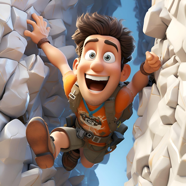 Фото 3d-иллюстрация персонажа мультфильма, поднимающегося на стену с помощью веревки