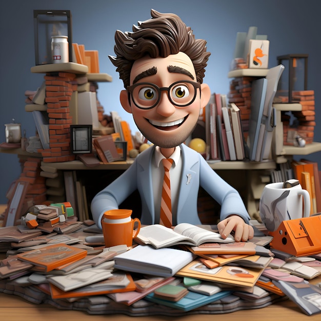 Фото 3d-иллюстрация персонажа мультфильма, сидящего за столом с книгами