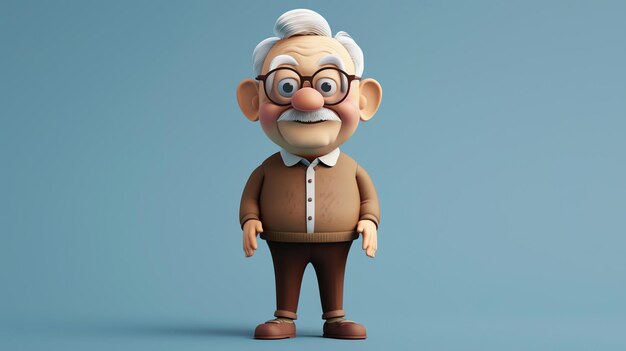 写真 眼鏡ひげ白いの可愛い老人の3dイラスト彼は茶色のセーターと茶色のズボンを着ています