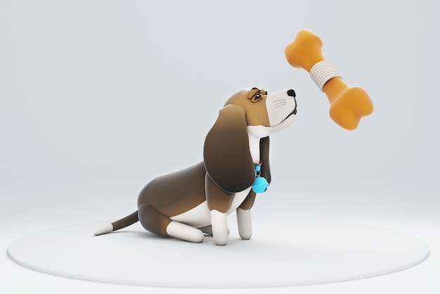 Фото 3d иллюстрации собаки, смотрящей на большую кость