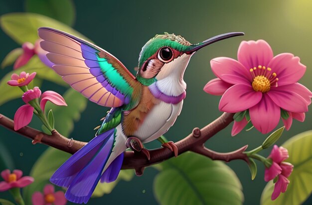Фото 3d-иллюстрация колибри, сидящей на ветке ai generative