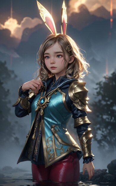 Фото 3d-иллюстрация маленькой девочки, одетой как фантастический рыцарь