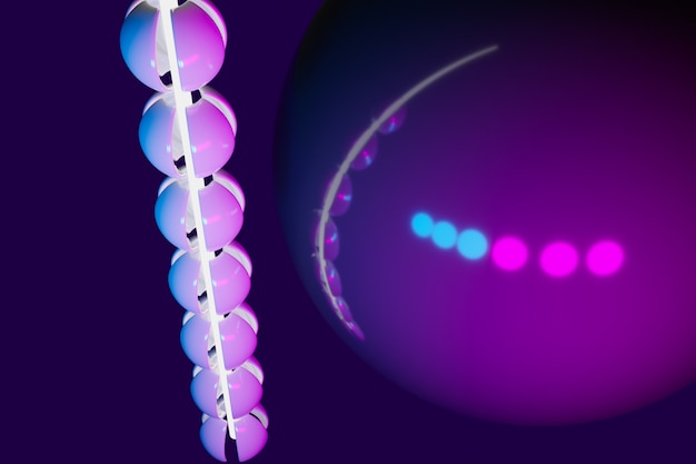 Фото 3d иллюстрация неонового розово-синего шарика с нанизанными на шнурок лепестками в виде шариков