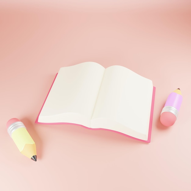 写真 ピンクの背景に隔離された両側の筆で開かれたピンクの書籍の3dイラスト