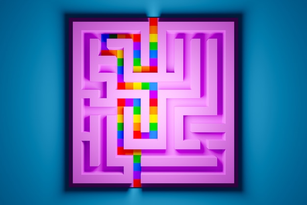 Фото 3d иллюстрация розовой головоломки, в которой правильный путь выделен цветами лгбт