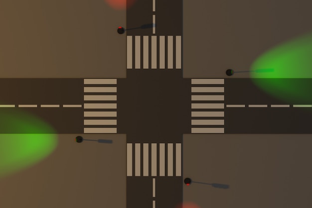 Фото Иллюстрация 3d малого городского простирания дороги с дорогой автомобиля, перекрестков и маркировки, светофора.