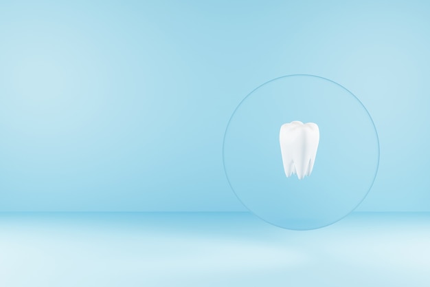 사진 투명한 방패로 보호되는 흰색 어금니의 3d 그림 박테리아와 바이러스로부터 치아를 보호하는 개념 치과 진료소 치과 서비스 광고