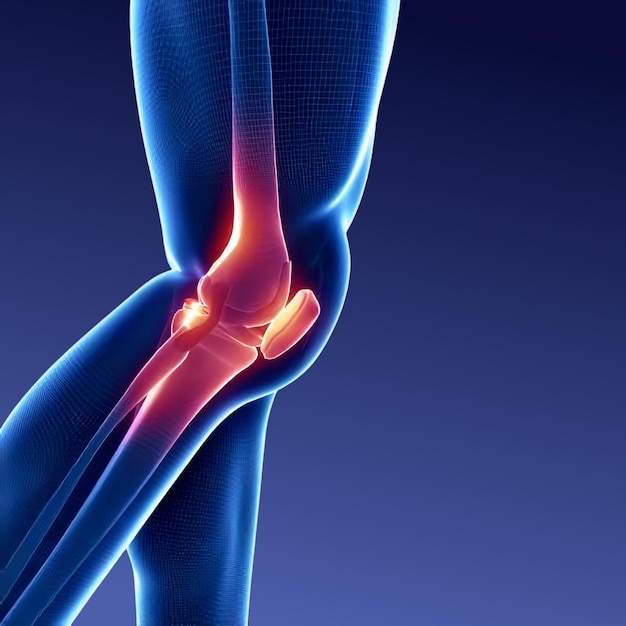 Фото 3d-иллюстрация взрослого колена с выделением коленного сустава с цветом, указывающим на воспаление