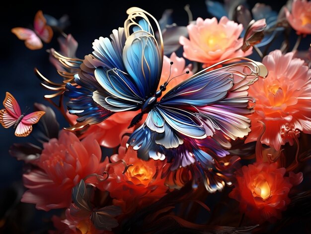 写真 暗い背景に蝶が描かれた抽象的な水晶の花の3dイラスト