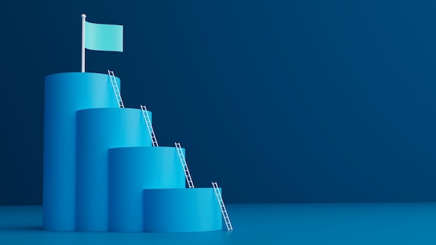 Фото 3d-иллюстрация синих платформ с лестницей, представляющей успех в работе, с видом на переднюю камеру