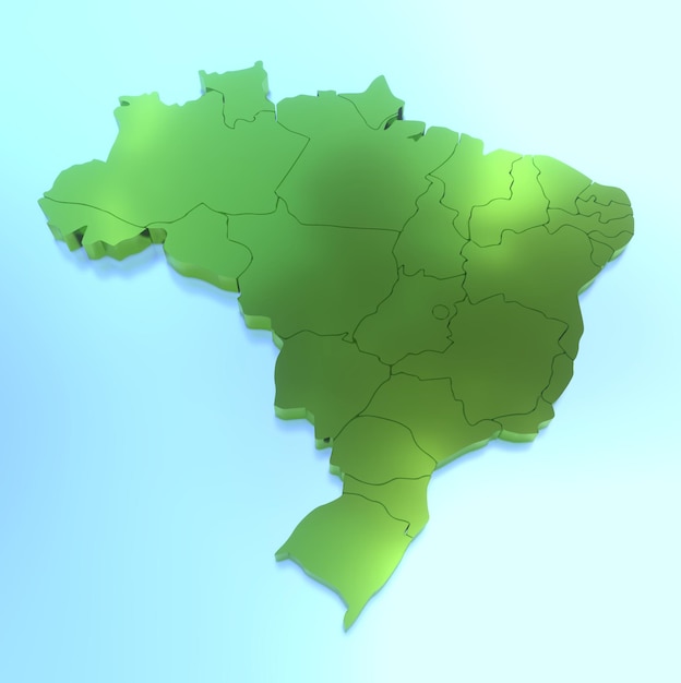 Фото 3d иллюстрация карты бразилии ярко-зеленого цвета со светящимися бликами на светло-голубой поверхности