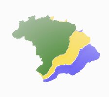 Фото 3d иллюстрация карт бразилии в зелено-желтом и синем цветах, перекрывающихся и вращающихся изолированно на