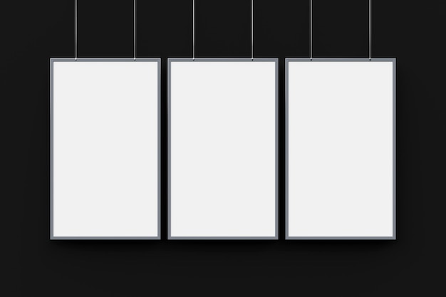 写真 孤立した黒地に連続した明るい白い光フレームの 3 d イラストレーション 3 つの白い四角形