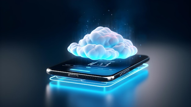 Фото 3d-иллюстрация данных облачных вычислений появляется на технологической концепции экрана смартфона