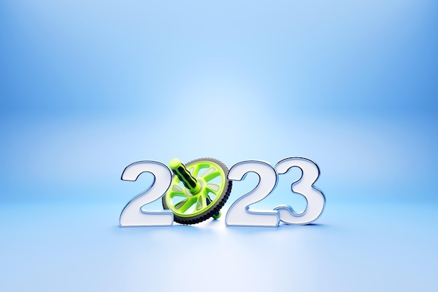 Фото 3d иллюстрация дизайна с новым годом 2023 и спортивный инвентарь гимнастический ролик для прессы спорт с новым годом баннер