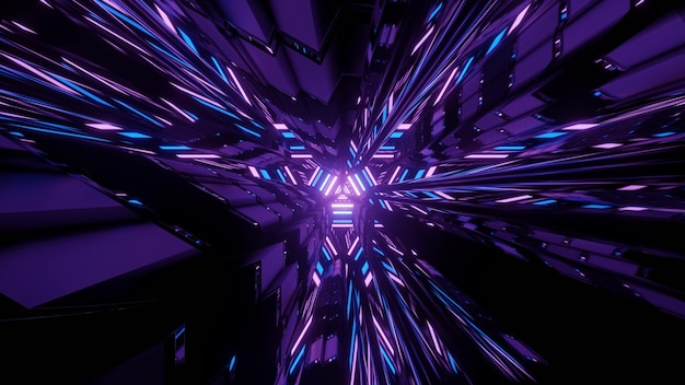 暗いトンネルで光り、抽象的な背景として幾何学的な図形に反射する動的なネオンライトの3dイラスト