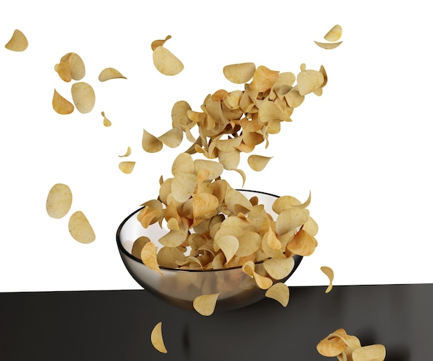 Фото 3d иллюстрация падающих картофельных чипсов в прозрачную стеклянную тарелку летающие картофельные чипсы