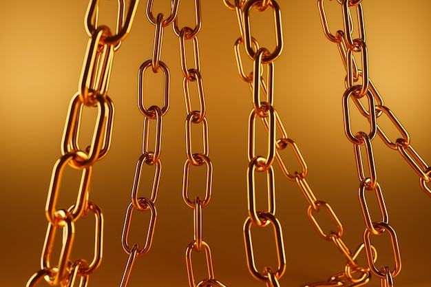 Фото Иллюстрация 3d цепей металла золота. набор цепочек на золотом фоне.