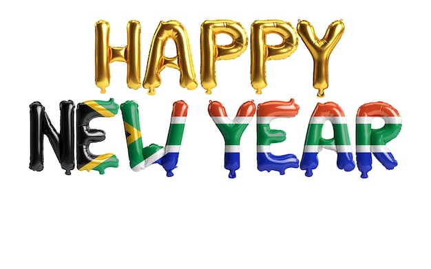 Фото 3d иллюстрация воздушных шаров письма с новым годом с цветом флага южной африки, изолированным на белом