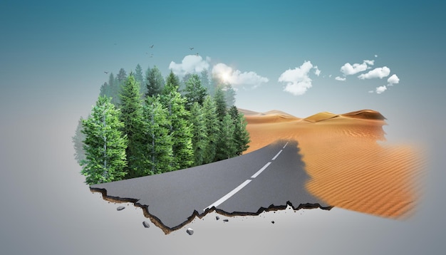 Фото Иллюстрация 3d дороги бесконечности с ландшафтом. пустыня бездорожье с облаками