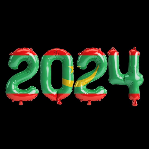 写真 モーリタニアの国旗の色の風船と新年 2024 についての手紙の 3 d イラストレーション