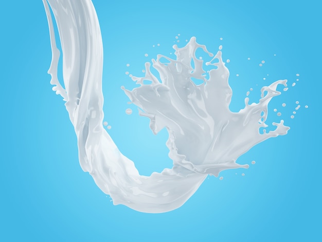 Фото 3d иллюстрации всплеск молока на синем фоне градиента с обтравочным контуром