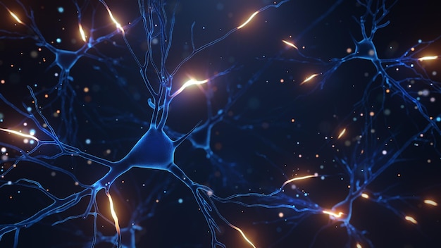 Фото 3d иллюстрация нейронных клеток со световыми импульсами на темном фоне