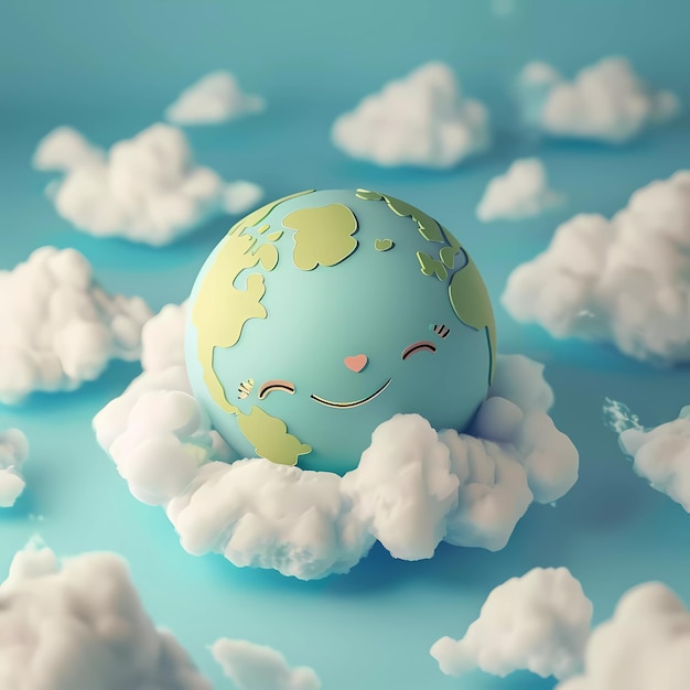 사진 긍정적 인 감정으로 지구 행성의 3d 일러스트레이션 지구의 날을 둘러싼 3차원 구름
