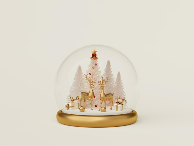 Фото 3d иллюстрация северного оленя с елкой и подарочной коробкой в снежном шаре