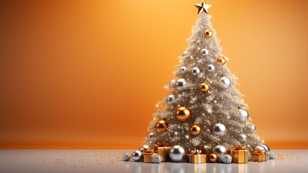 Фото 3d-иллюстрация серебряной рождественской елки над оранжевым