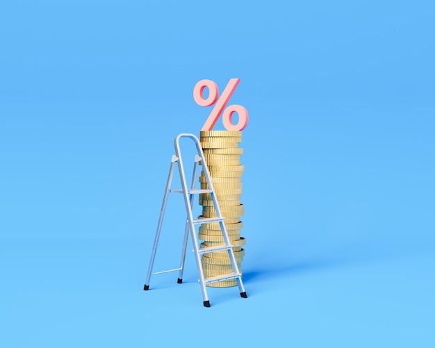 Фото 3d иллюстрация лестницы рядом с монетами и знаком процента