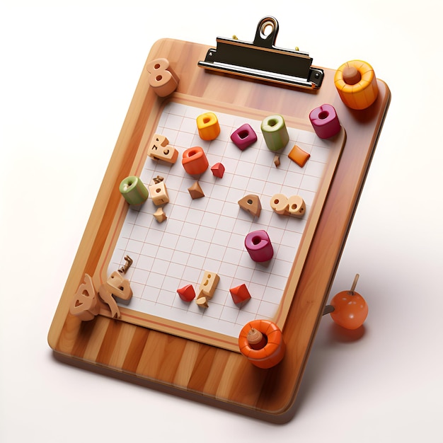 写真 3dイラスト: 木製のおもちゃのブロックと白い背景の白いクリップボード