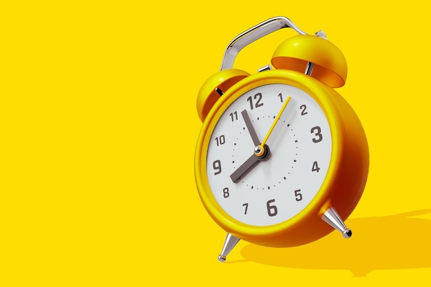 사진 포스터 웹 배너를 위한 컬러 배경에 화살표가 있는 노란색 레트로 알람 시계의 3d 일러스트레이션