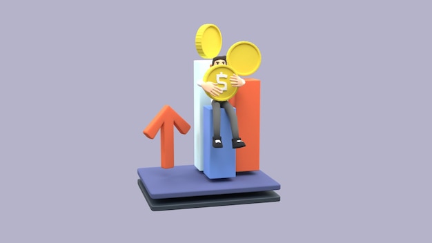 Photo 3d illustration of office worker sitting holding coins rising income