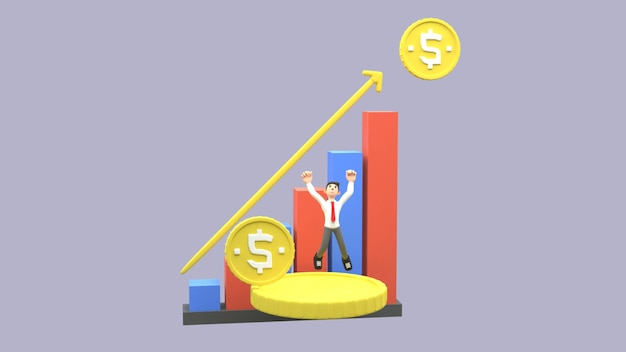 3d illustration of office workers happy with increasing income with diagrams