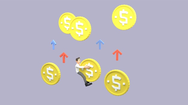 Photo 3d illustration of office workers raising income coins