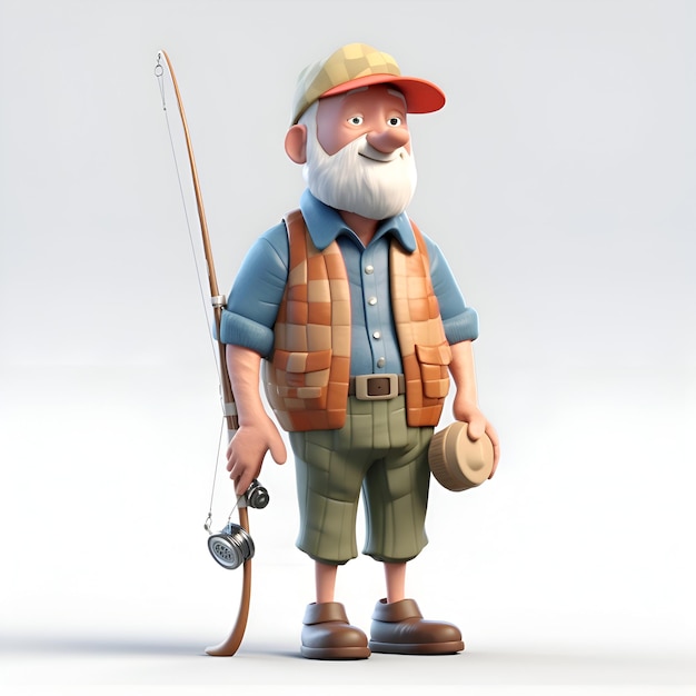 3D illustration of an old fisherman with a fishing rod on a white background