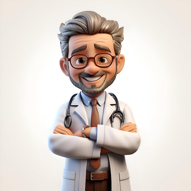 3D illustration of old man doctor with stethoscope and glasses