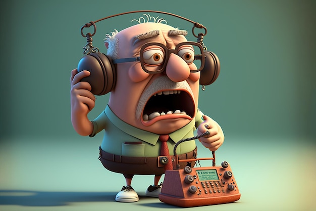 3D ILLUSTRATION OLD MAN LISTENING TO MUSIC